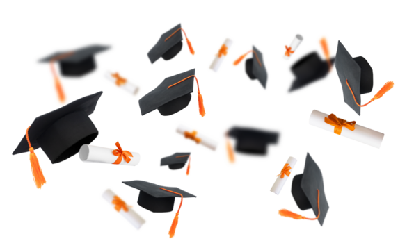 flying graduation caps and scrolls on transparent background png