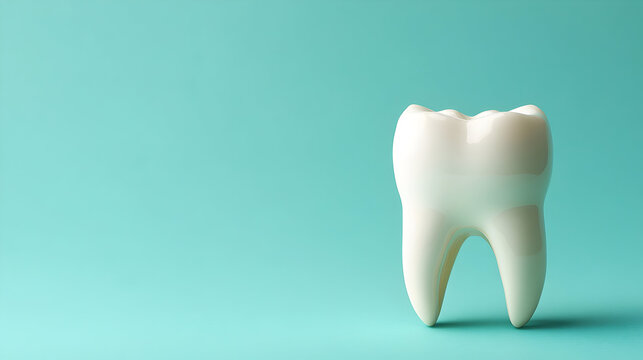 Glossy white tooth model on a teal background, symbolizing dental health and care