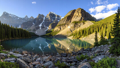 Obraz premium Mountain lake reflection evergreen forest rocky shore clear sky snow capped peaks tranquil water natural landscape scenic view outdoor nature wilderness