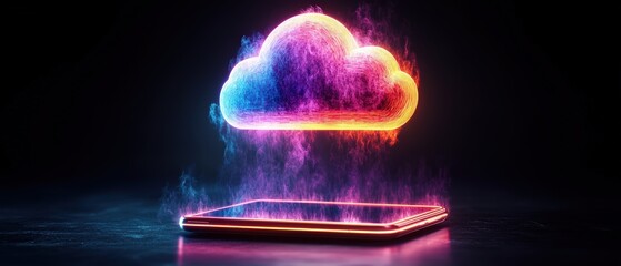 Vibrant neon cloud hove above a smartphone representing cloud computing and digital technology