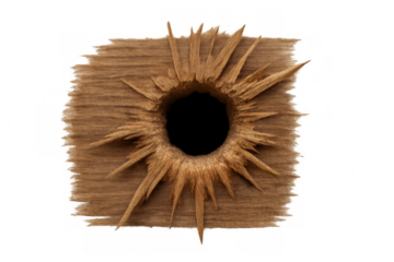 Wooden plank with exploding bullet hole isolated on transparent background, perfect for compositing