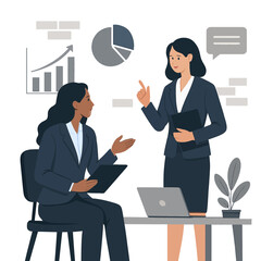 Two businesswomen discussing strategy, one seated, the other standing, with charts and a laptop in the background.