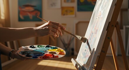 Fototapeta premium Artist at Work Close-Up of a Painting Session on an Easel with Brush and Palette in Hand