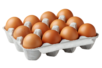 A dozen fresh brown eggs in a carton.
