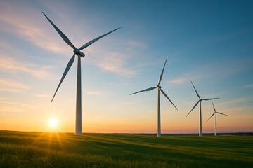 Fototapeta premium Wind turbines at sunset in a green field – renewable energy concept