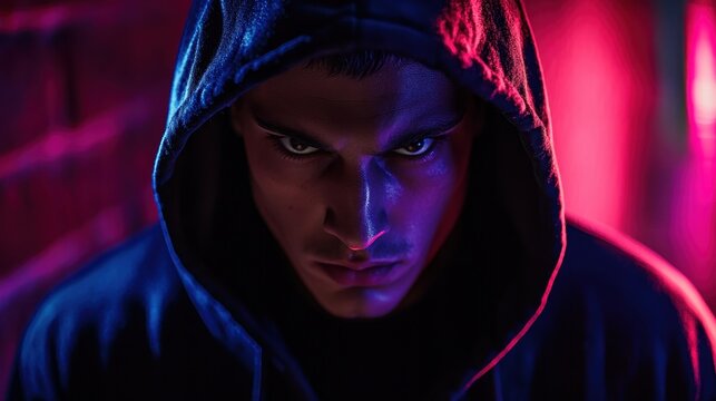 A hooded man stares intensely, lit by neon blues and reds. Ideal for portraying suspense, cybercrime, or urban thriller themes.