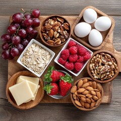 Fototapeta premium Assorted fresh and dried nuts, berries, eggs, oats, and cheese arranged on a wooden serving board for healthy breakfast or snack selection