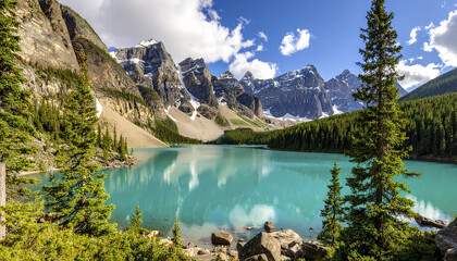 Turquoise glacial lake reflecting rugged snowy mountain peaks under blue sky with white clouds and dense pine forest lining rocky shore in bright daylight