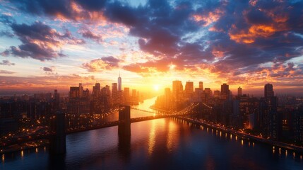Fototapeta premium Stunning city skyline at sunset with illuminated skyscrapers bridge and river du golden hour