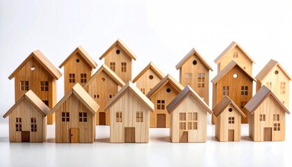 Miniature wooden houses standing together symbolizing real estate market
