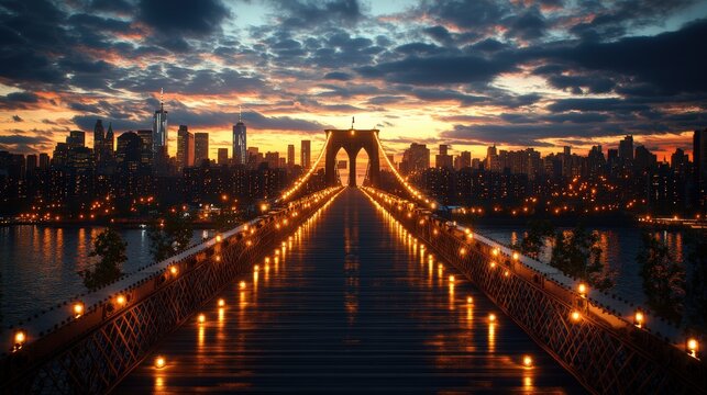 Stunning panoramic view of a illuminated suspension bridge overlooking a vibrant city skyline at sunset