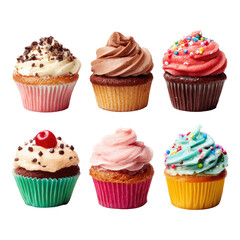 Six colorful cupcakes in various flavors