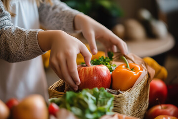 Child holding box of fresh vegetables and fruit