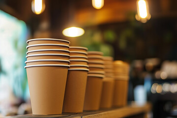 Stacks of disposable coffee cups in cafe