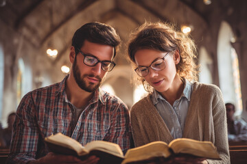 Young Couple Reading Bible Together in Church