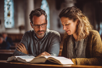 Young Couple Reading Bible Together in Church