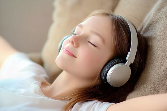 Child relaxing on couch with headphones