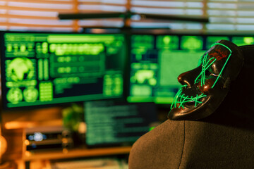 In a dimly lit cyber lair, a glowing hacker mask watches over a desk as encrypted code streams...