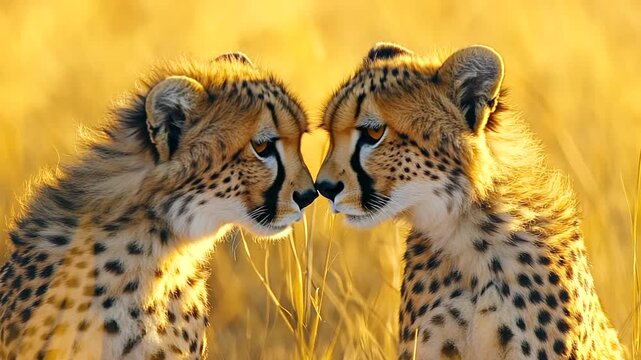 Two cheetahs facing each other in golden light.