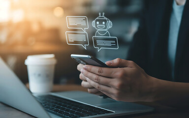 Person using smartphone with chatbot interface overlay for customer service and communication