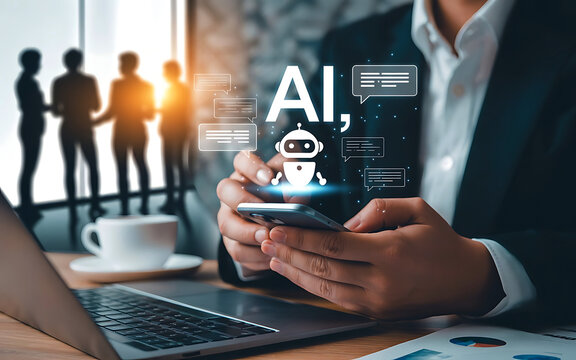 Businessman using smartphone with ai chatbot interface and team in background - Powered by Adobe