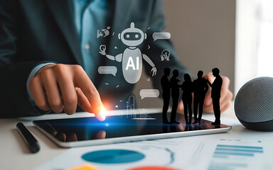 Businessman interacting with artificial intelligence hologram and team silhouettes on tablet