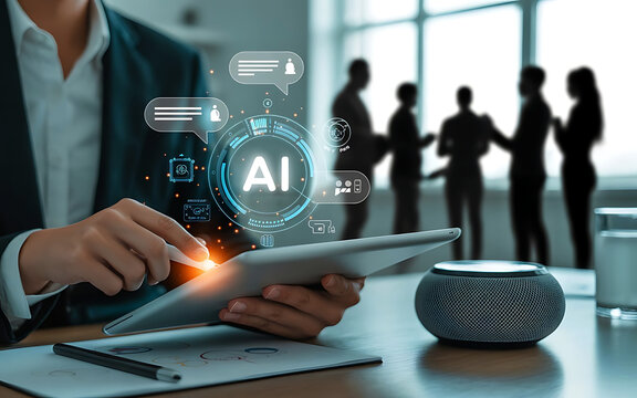 Business professional uses tablet with ai interface in modern office with colleagues in background