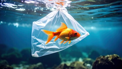 Goldfish trapped in plastic bag underwater with symbolizing pollution, and environmental issue.