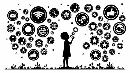 Obraz premium Silhouette of a child blowing bubbles filled with social media icons in a whimsical black and white design