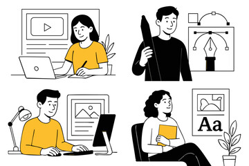 Designers Creative Gen z professionals working in design and digital content creation – flat illustration
