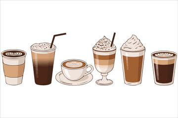 Coffee varieties espresso latte cappuccino vector illustration