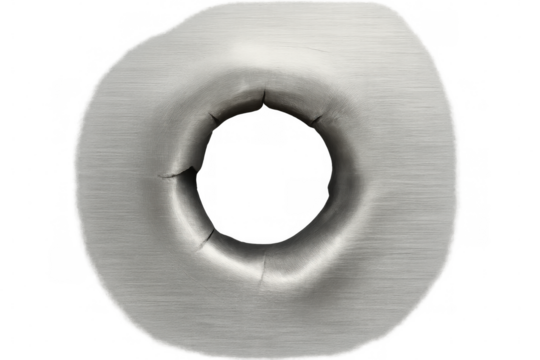 Punctured brushed metal surface exposing transparent background, highlighting metallic texture and impact damage