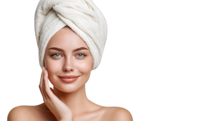 Serene woman relaxes with soft towel wrapped around her head after refreshing shower