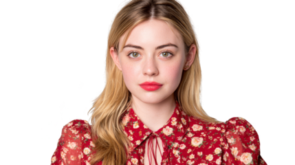 Stunning woman with long blonde hair in a stylish red floral shirt, fashion portrait