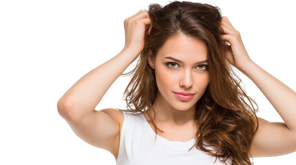 Fototapeta premium Captivating portrait of a woman with long, flowing brown hair, study in beauty and style