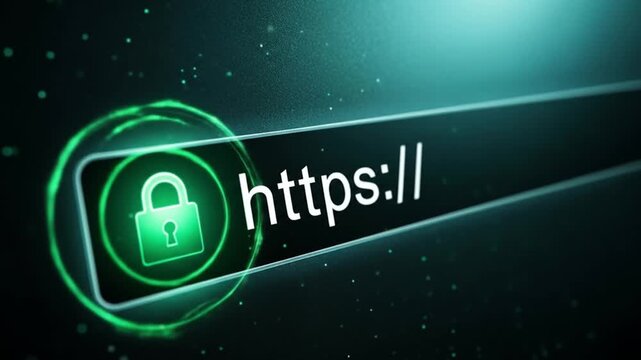 A glowing green padlock icon symbolizing a secure https internet connection in a web browser address bar.