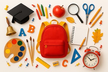 School essentials for students with backpack, apple, clock, and stationery items laid on the table, ready for study or learning, kids school background