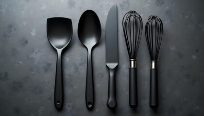 A set of kitchen utensils on a dark textured surface, including a knife, spoon, and whisk