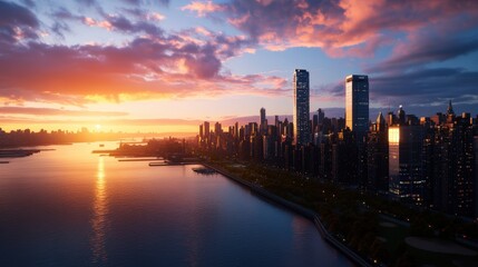 Fototapeta premium Stunning cityscape at sunset with tall skyscrapers modern buildings bridge river and vibrant colorful sky