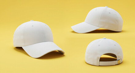 Fototapeta premium Three white baseball caps are displayed against a yellow background, showcasing the front, side, and back views of the blank headwear.
