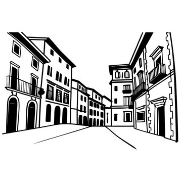 Perspective view of a street with old town buildings, windows, and balconies in line art style, hand-drawn look
