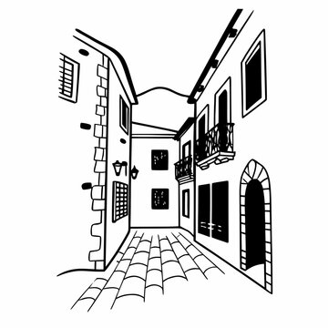 Perspective view of a street with old town buildings, windows, and balconies in line art style, hand-drawn look