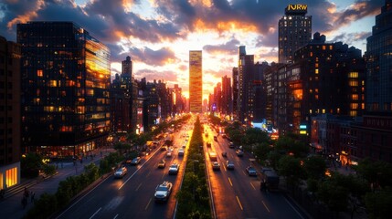 Obraz premium Vibrant cityscape at sunset with busy streets, illuminated skyscrapers, and a colorful sky in a modern metropolis