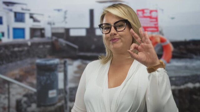 Woman wearing glasses makes ok sign with left hand while pointing right finger at seaside lifebuoy ring in view; approval.