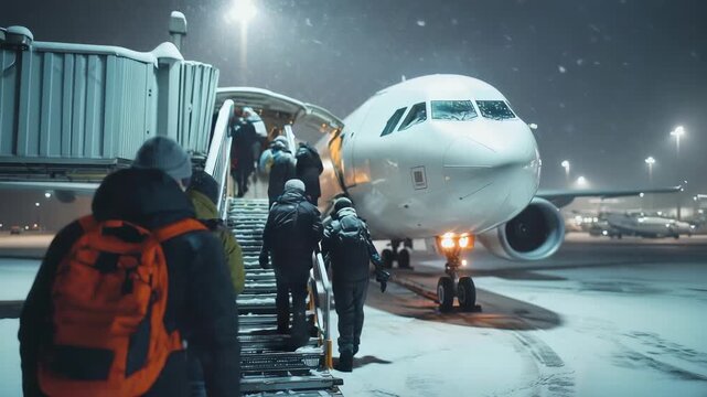 Passengers embark on late night flight in snowy weather at airport