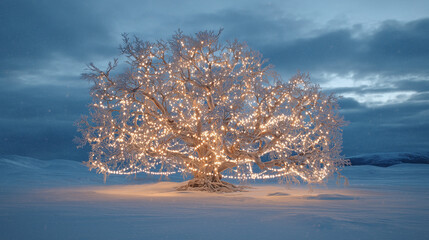 giant tree, golden lights, shimmering lights, snow-covered landscape, winter scene, festive tree, holiday lights, snowy environment, illuminated tree, Christmas tree, winter wonderland, glowing lights