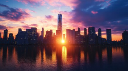 Fototapeta premium Stunning cityscape at sunset featu towe skyscrapers illuminated by vibrant colors and reflecting on water