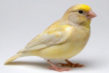 Obraz premium A small yellow canary bird with a bright yellow head perched on a white background