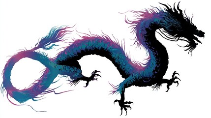 A graceful, serpentine dragon illustration in blues, purples, and black, with a wispy mane and tail, isolated on white