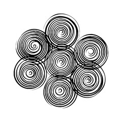 A cluster of seven black and white spirals arranged in a circular pattern with overlapping edges and lines